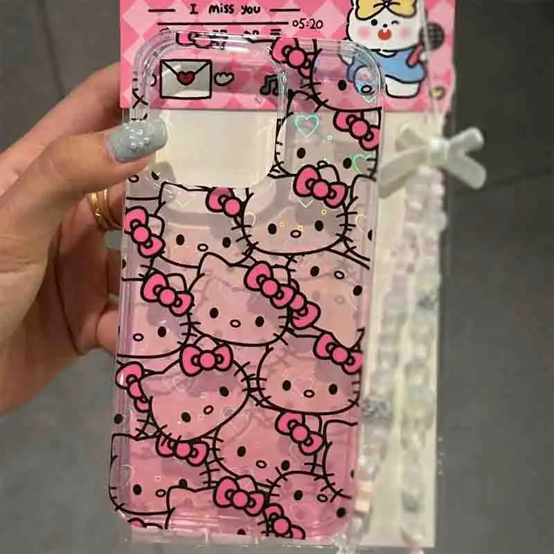 Sanrio Hello Kitty Full Screen KT Phone Case For iPhone15 14 13 12 11Pro Max 78Plus XR XS MAX Y2K Girl Cute Anti Fall Back Cover