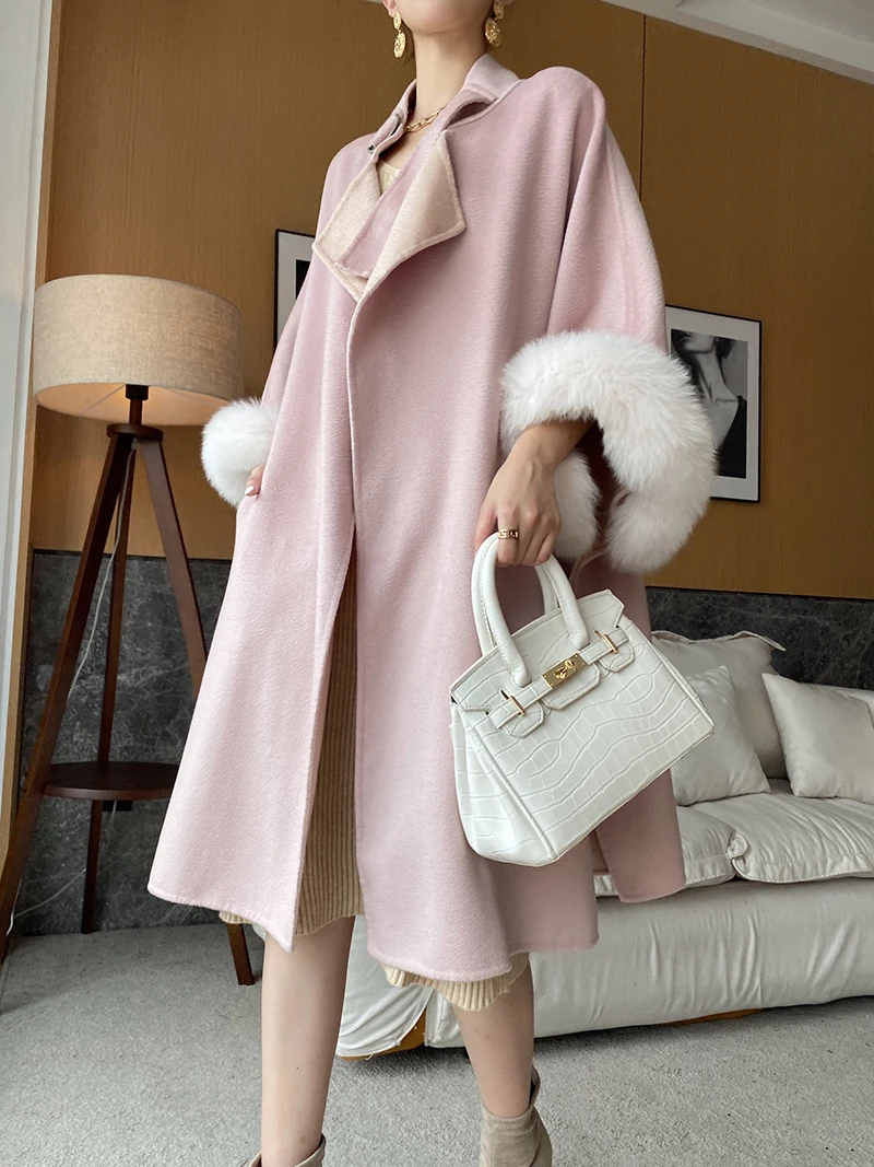 

2023 Woolen fur,New fashion Brand plush Double brerasted Woolen coats outerwear with natural Fox Fur Collar casaco feminino