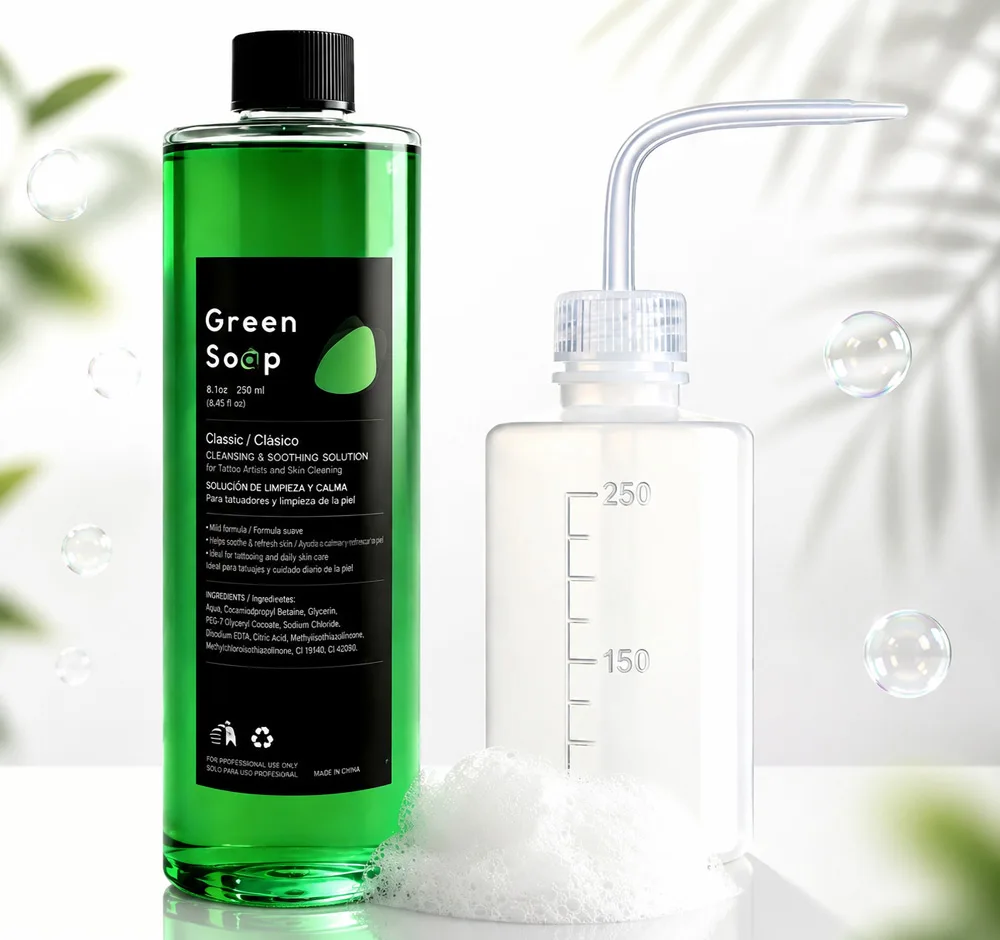 500/250ML Tattoo Green Soap Tattoo Cleaning Soap Skin Cleansing Soothing Solution Green Algae Soap and Tattoo Wash Bottle Set
