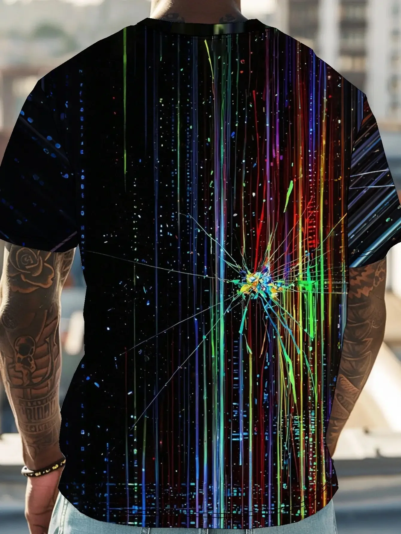 Men's O Neck Short Sleeve T Shirt 3D Colorful Line Broken Glass Digital Print Casual Streetwear Daily Tops