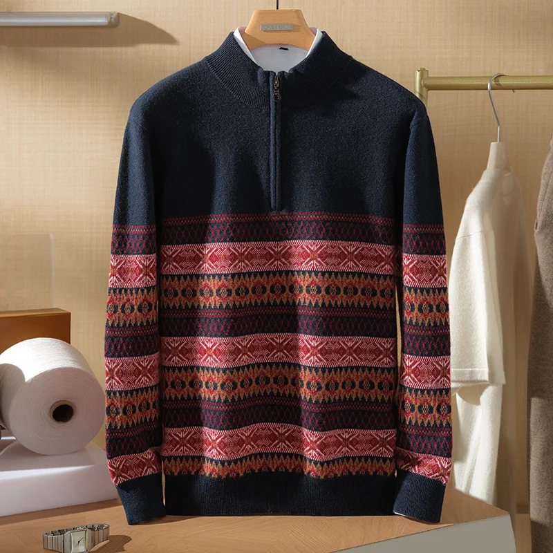 

Модный ретро-свитер из 100% чистого кашемира с жаккардовым узором, мужской, на молнии, с воротником-стойкой, вязаный пуловер, осень/зима, новинка.
