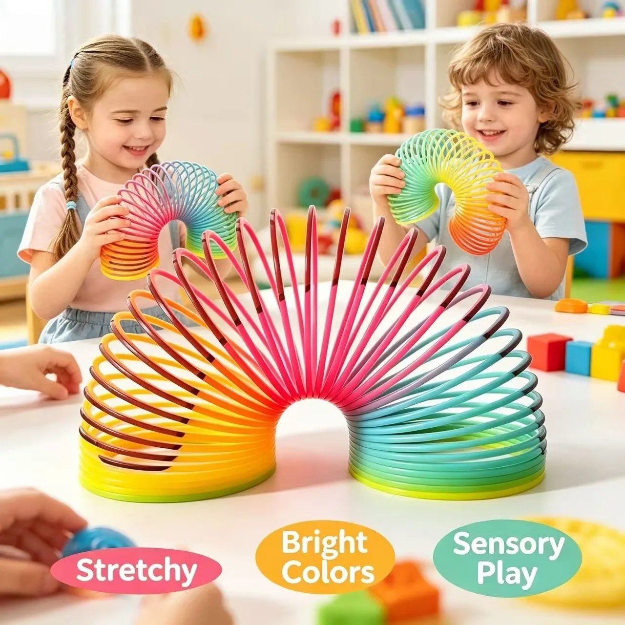 Cute Rainbow Spring Coil Fidget Toy for Toddlers with Banana And Capybara Print Thick Plastic Colorful Elastic Educational Toy