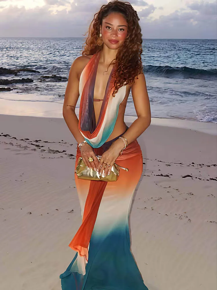 European and American Women's Sexy Sleeveless Printed Halter Half Skirt Two-Piece Set with Elegant Vacation Style Long Skirt
