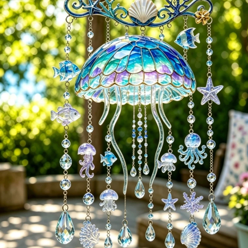 Ocean Suspended Accent Acrylic Garden Piece for Porch and Outdoor Entry with Sea Theme, Clear Glow, and Drop Detail 87HA
