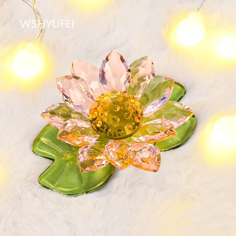 Crystal Lotus Flower Ornament Pink Petals Green Leaf Base Glass Lotus Figurine Desktop Decor For Home Table Feng Shui Decoration