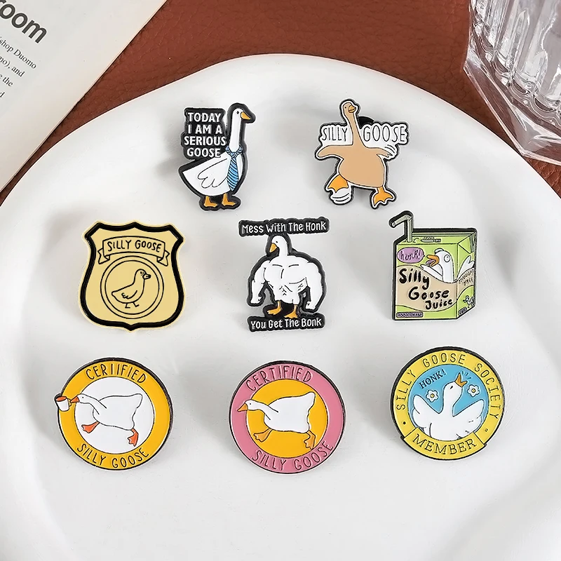 Silly Goose Juice Enamel Pins Honk Serious Goose Brooch Lapel Badge Accessories Cartoon Animal Jewelry Gift for Friends
