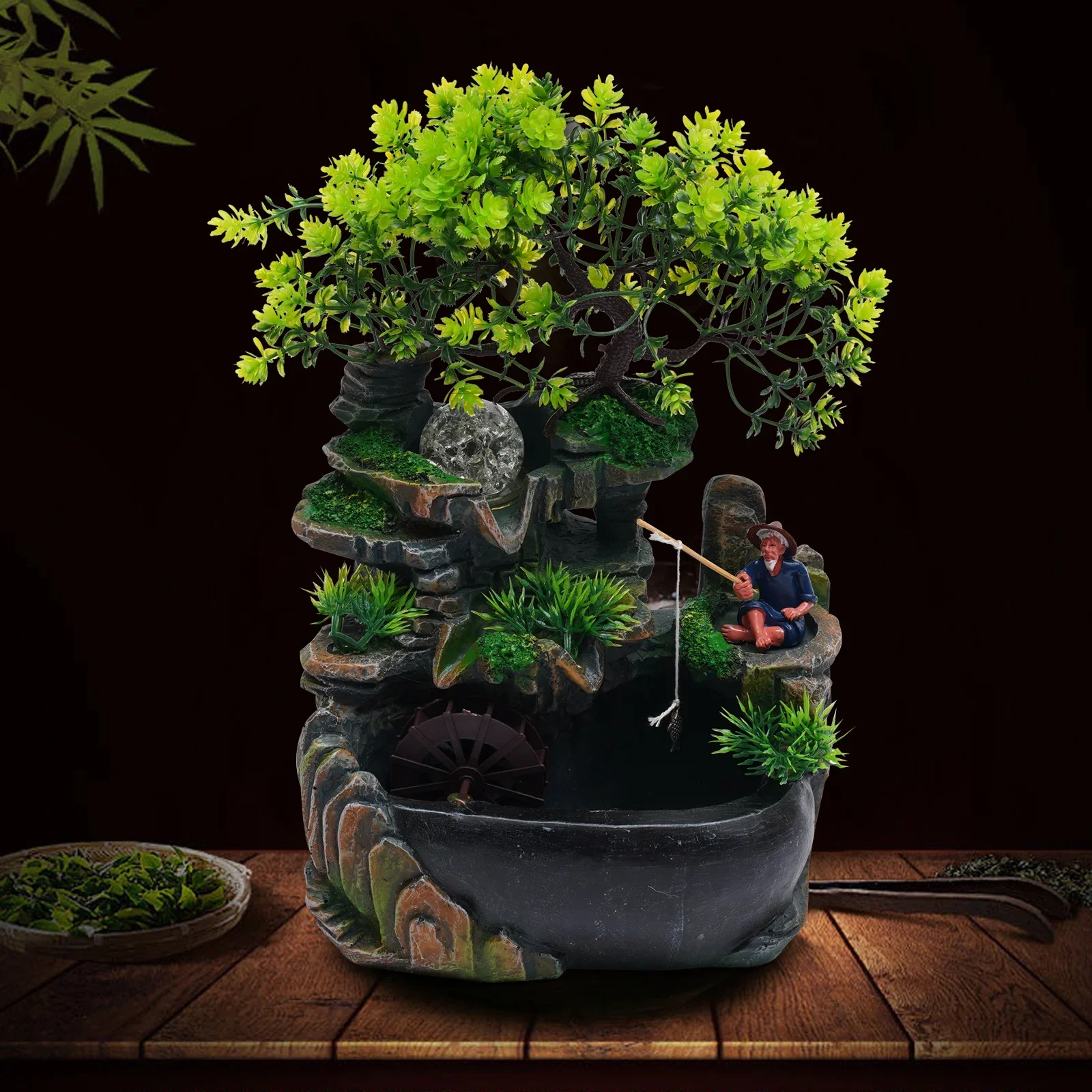 

High-Quality Resin Tabletop Fountain with LED Lights, Rockery and Fisherman Design, Fengshui Wheel for Good Luck, Relaxing