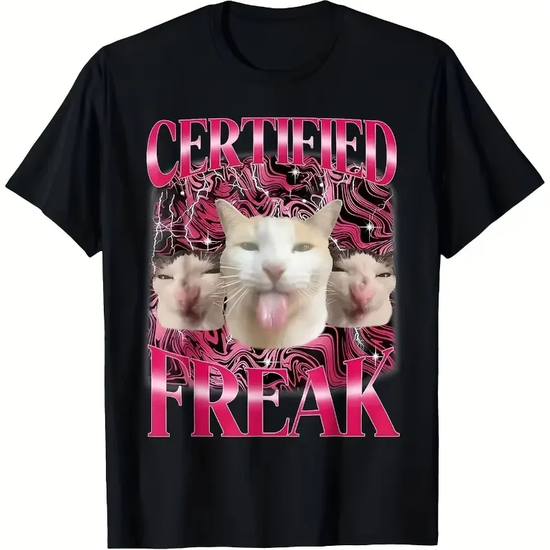 Certificate Freak Funny Cat Model T-shirt Pattern Design Dynamic Short Sleeve Machine Washable Casual Youth&Adult Sportswear