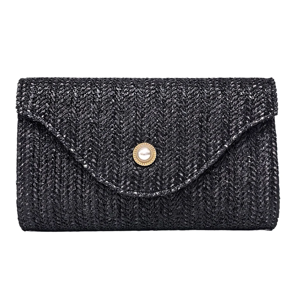 Women Straw Woven Bag Fashion Shoulder Bag Pearl Decor Straw Clutch Purse Woven Envelope Shoulder Bag Summer Beach Bag