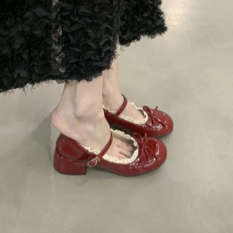 2026 Spring/Fall Women's High-End Ballet Mary Jane Shoes - Burgundy Bow Design Casual Shoes, French Retro Commuter Shoes