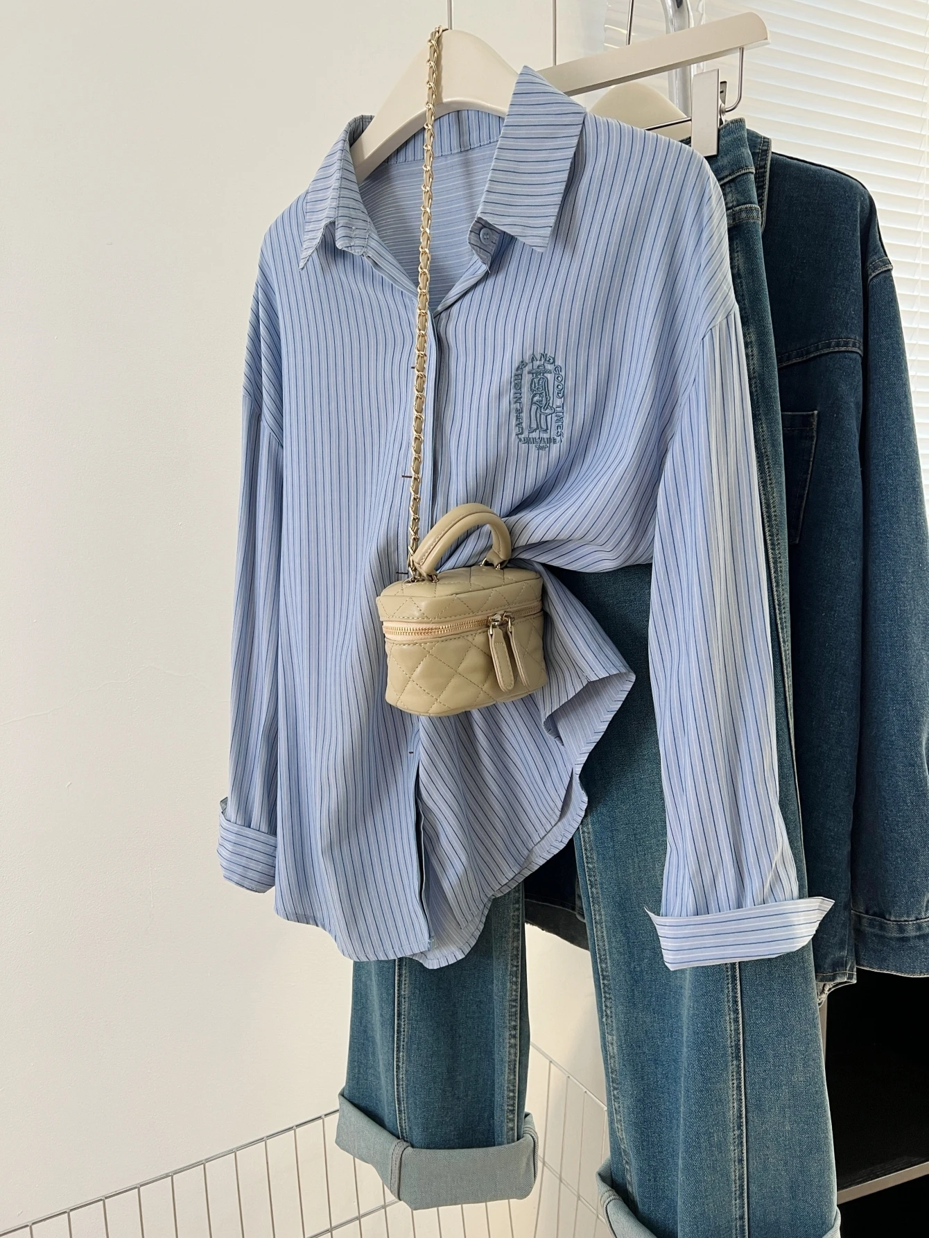 Women Oversized Thin Stripe Embroidery Shirt Lapel Long Sleeve Loose Casual Sun Protection Blouse
