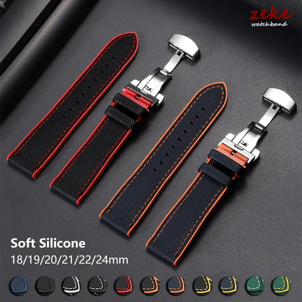 18mm 19mm 20mm 22mm 21mm Uhrenarmbänder aus Nylon-Segeltuch und Gummi, Hybrid-Uhrenarmband aus Silikon, wasserdicht, Sport-Faltschließe, Armband