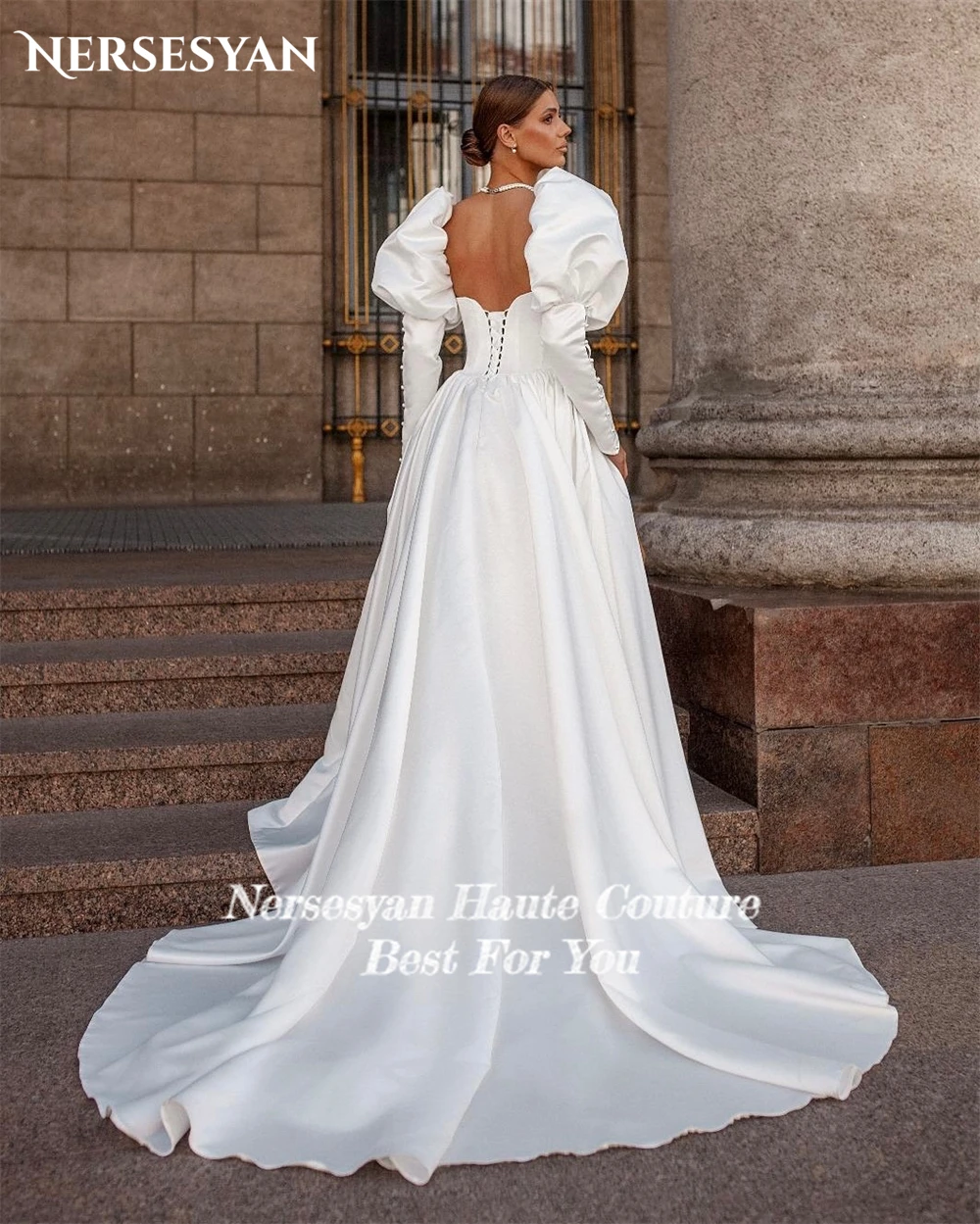 Nersesyan Vintage Satin Wedding Dresses Puff Sleeves Side Slit A Line Bridal Gowns Off Shoulder Princess Bride Dress Customized