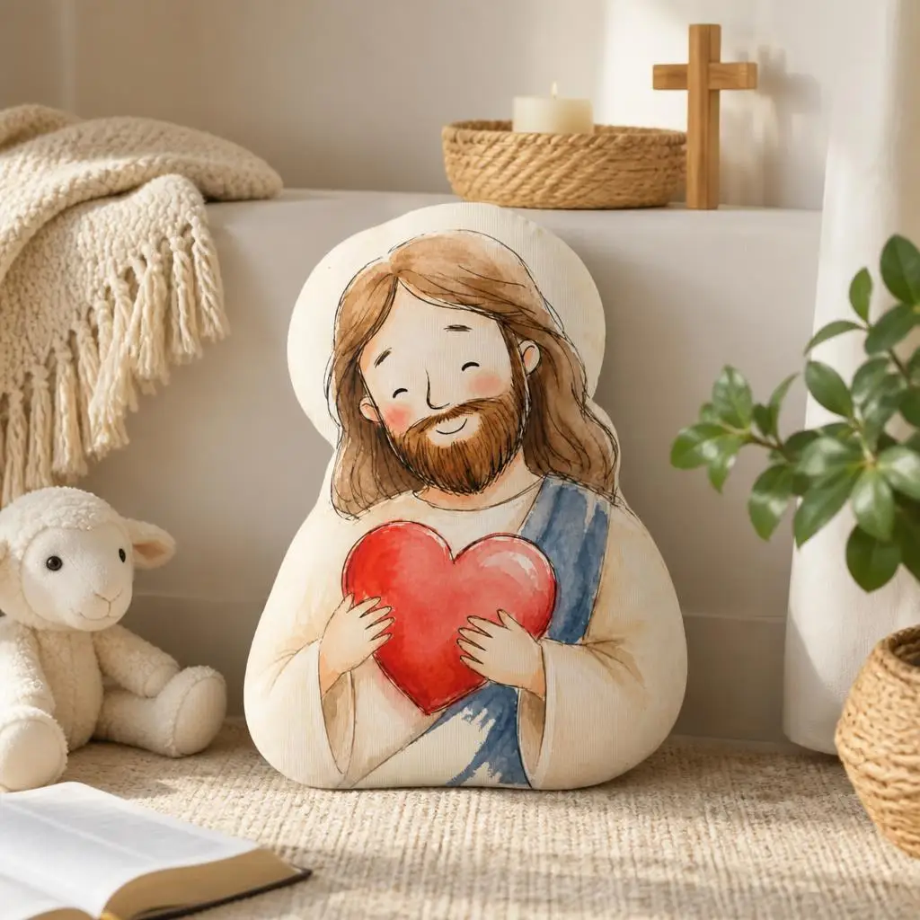 Jesus Holding Heart Christian Pillow Religious Faith Cushion Watercolor Shaped Stuffed Plush Decor Prayer Room Church Gift