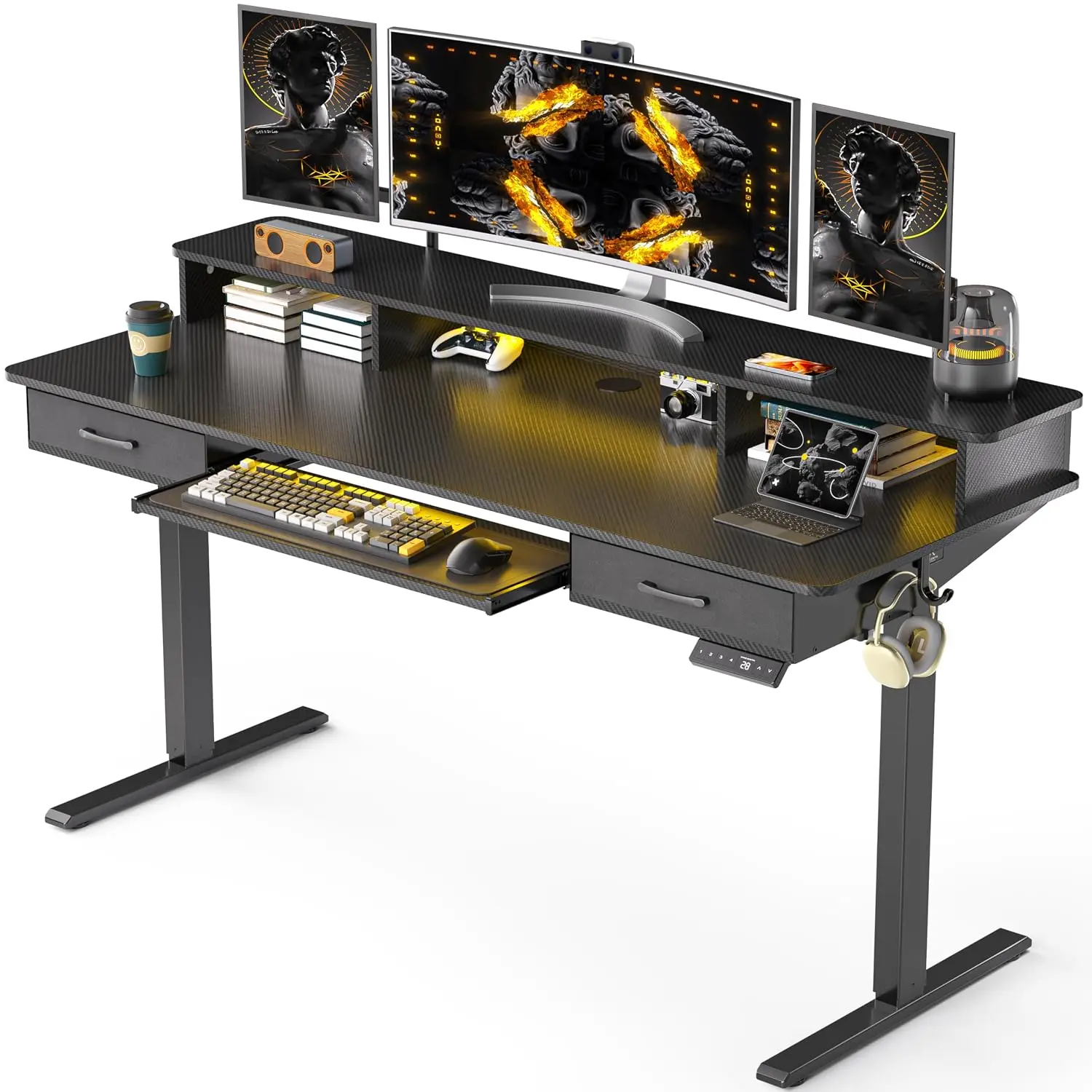 Standing Desk 63x24in with Keyboard Tray, 2 Drawers, Monitor Stand, Height Adjustable Computer Table, Black, Customized