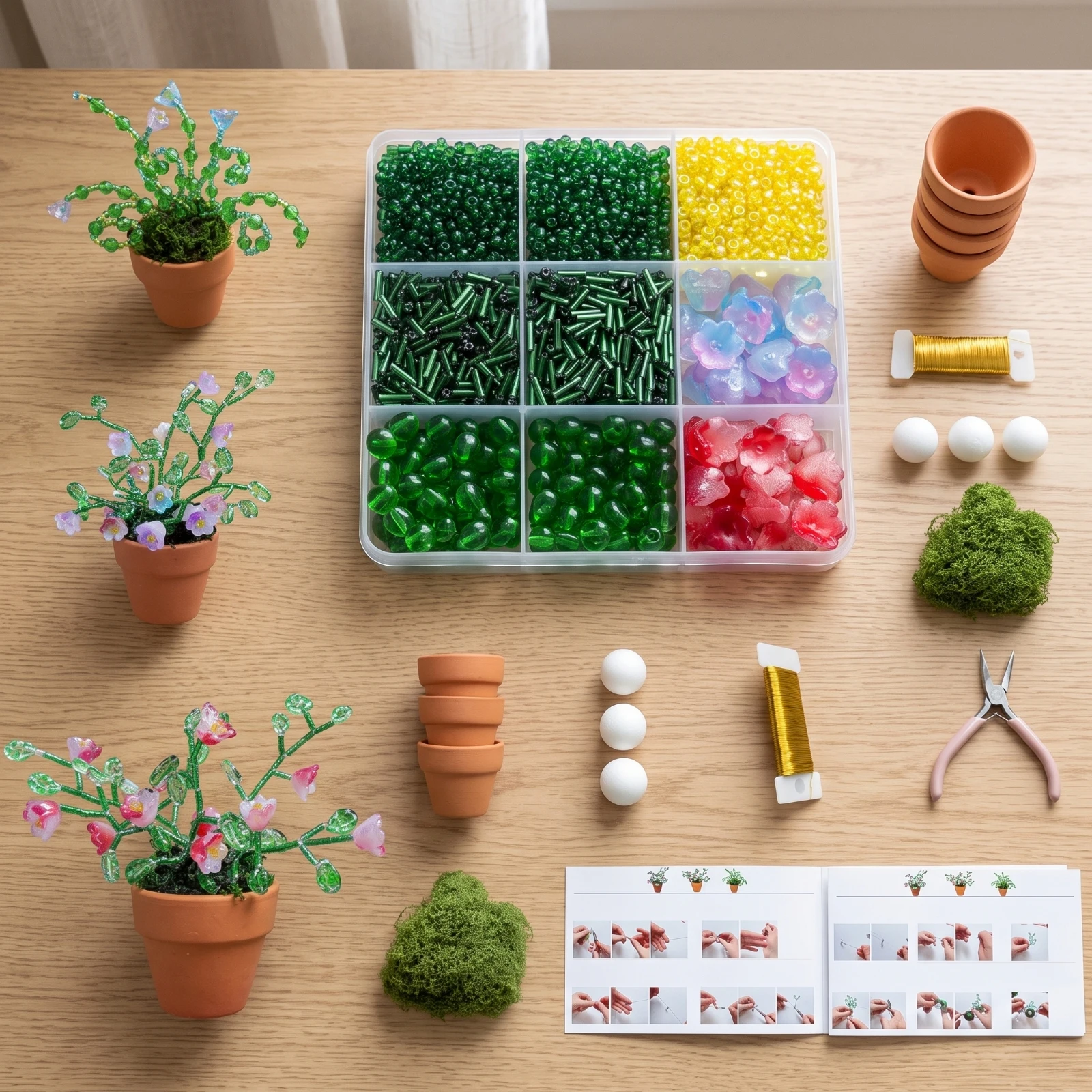 Glass Bead Floral Craft Kit Decorative DIY Beaded Floral Craft Kit with Pots Handmade Beaded Planter Set for Hobbyists