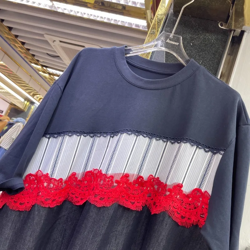 2025春夏新作 レースストライプ切り替え半袖クルーネックTシャツ ゆったり薄手ミディアム丈ワンピース レディース