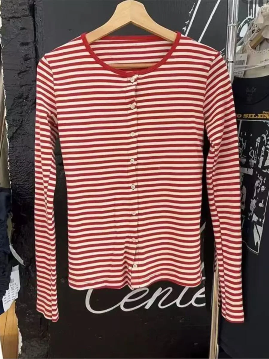 Roze Gestreepte Slanke Lange Mouw Tees Vrouwen Lente Casual Katoenen O-hals T-shirt Nieuwe Tops Kleding Zoete Leuke Vintage T-shirts Y2K