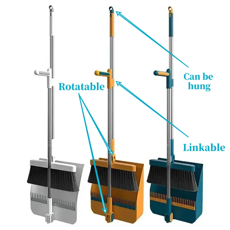 Juego de escoba y recogedor plegables, 180 ° Recogedor de Polvo Vertical Giratorio con Mango Largo, Cepillo Suave Antipolvo para Pisos del Hogar