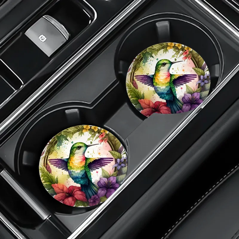 2pcs/set Spring Hummingbird Pattern Faux Leather Car Coaster, 2.75