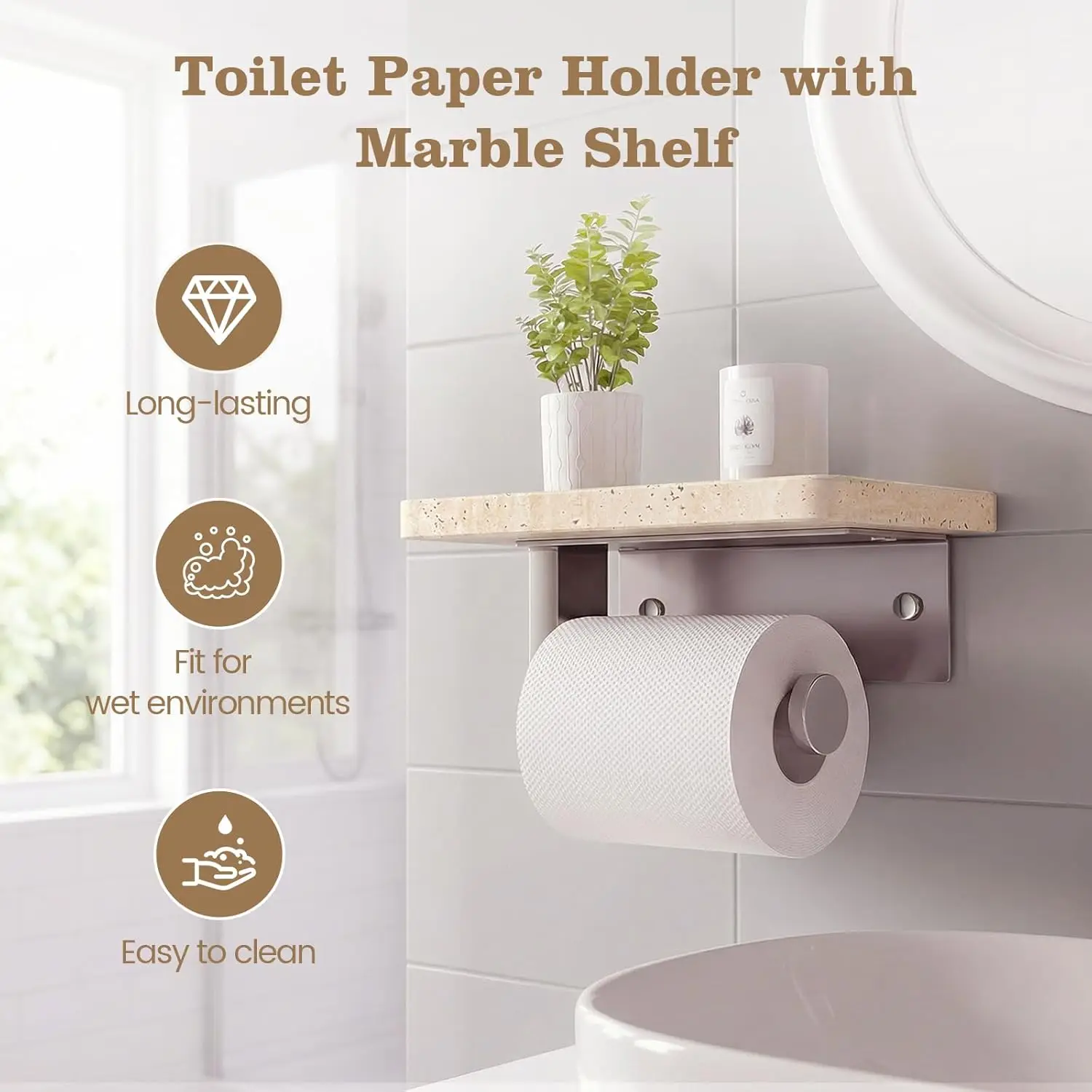 Marble Toilet Paper Holder with Shelf 304 Stainless Steel Wall Mounted Tissue Holder for Bathroom Washroom RV