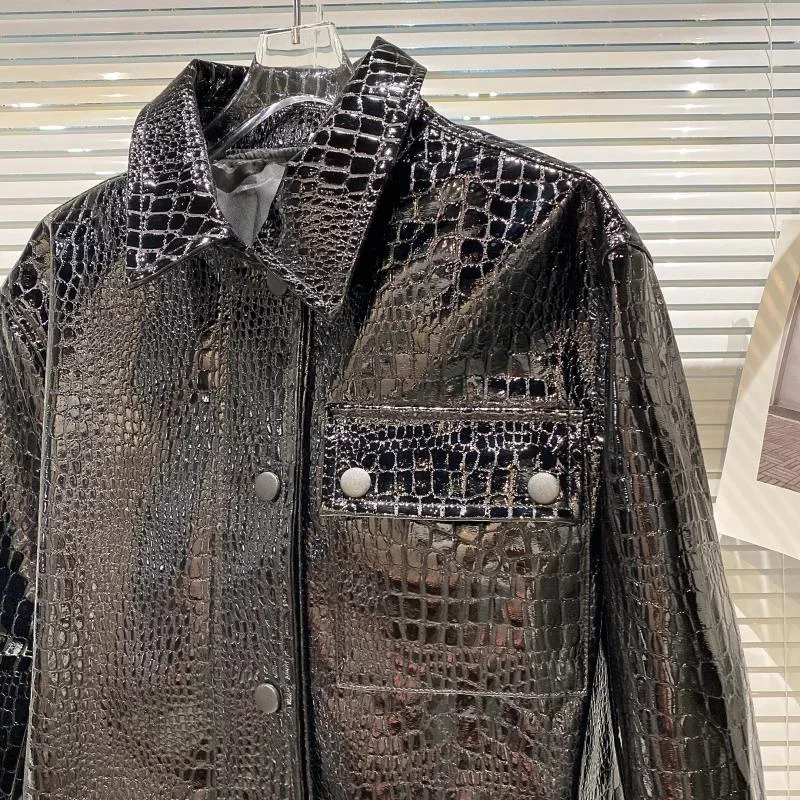 Wiosna jesień kobiety czarna szczupła krótka kurtka ze sztucznej skóry krokodyla Streetwear modna klapa z długim rękawem motocyklowa kurtka motocyklowa