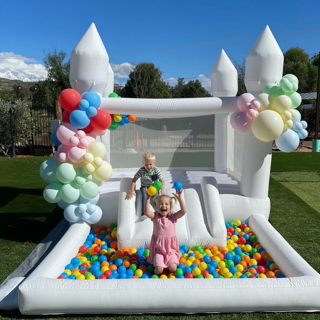 White Inflatable Bounce House for Indoor/Outdoor Use, Jumper with Slide and /Ball Pool for Outdoor Garden and Backyard Fun, Perf