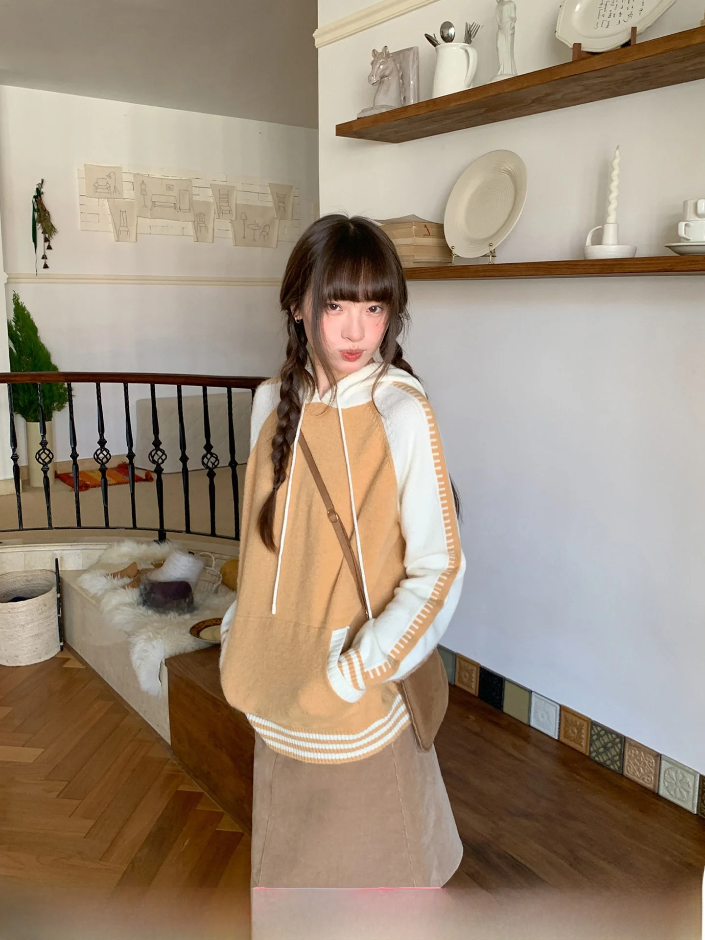 

Hello Vintage American Hooded oulder Sve Insertion Loose Knitted Sweater Women Spring Casual Sle Long Sve Top