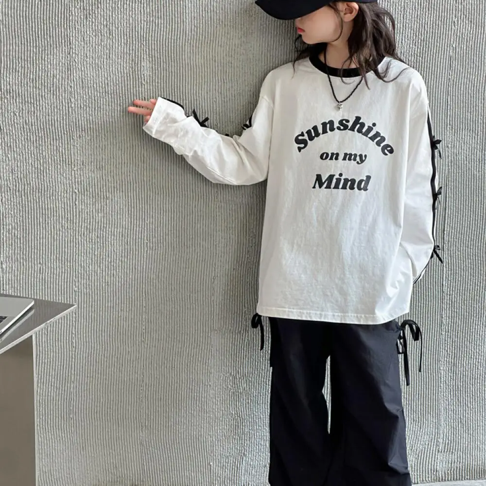 

Kawaii Girl Fashion Round Neck T-Shirt Student Autumn Cartoon Casual Long Sleeves Bottom Layer Shirt Tops Children's Clothing