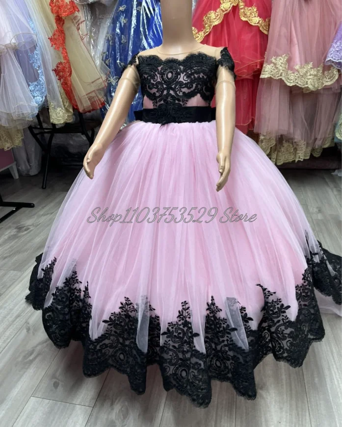 Black Pink Simple Little Princess Ball Gowns Delicate O Neck Applique Bow Trim Light Gauze Ruffled Mini Vestidos De Bebe