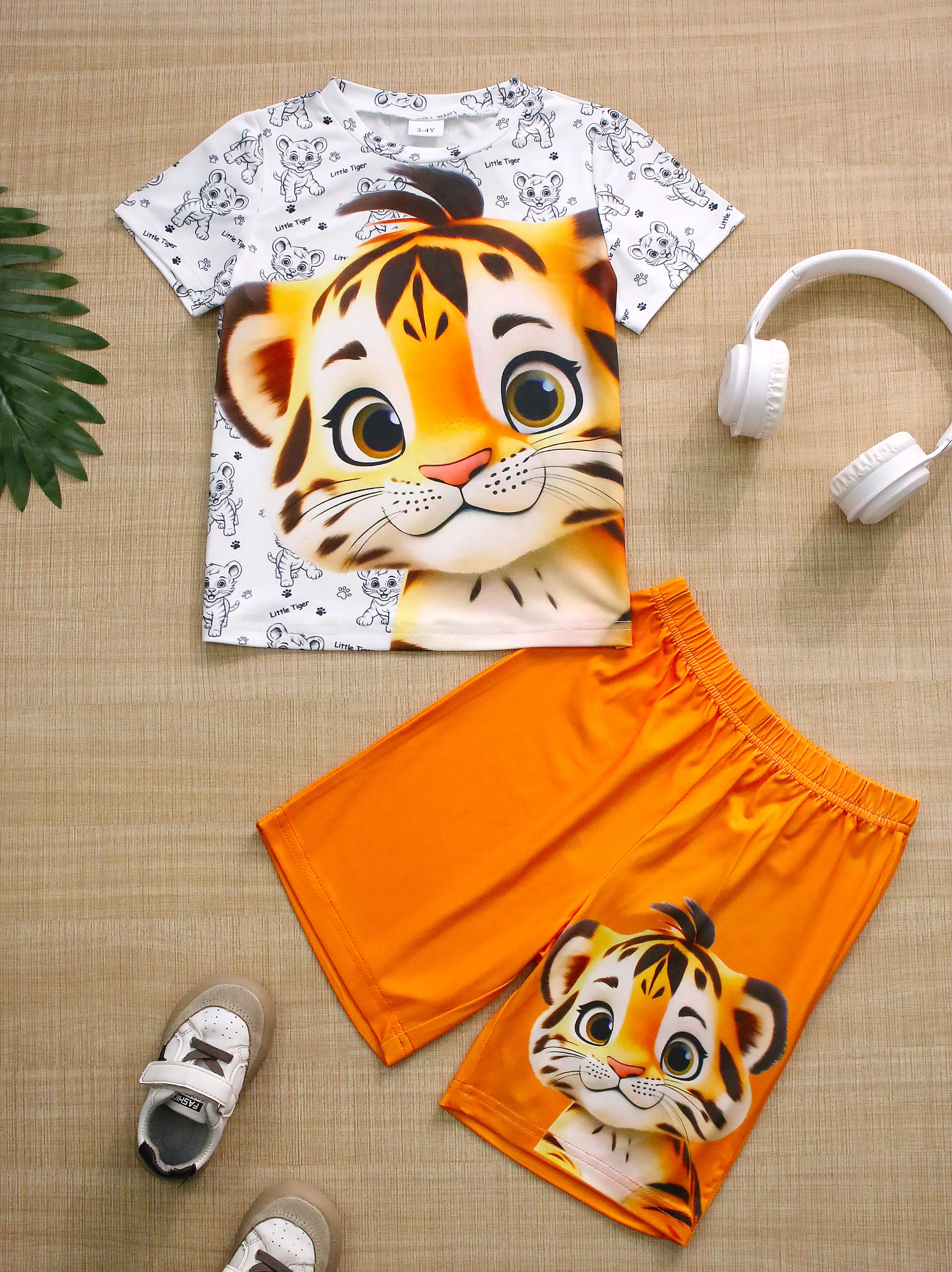 2pcs Boys' Cozy Sleepwear Outfit-3D Cartoon Tiger Pattern Print Short Sleeve Crew Neck Top Shorts Comfortable Loungewear Spring