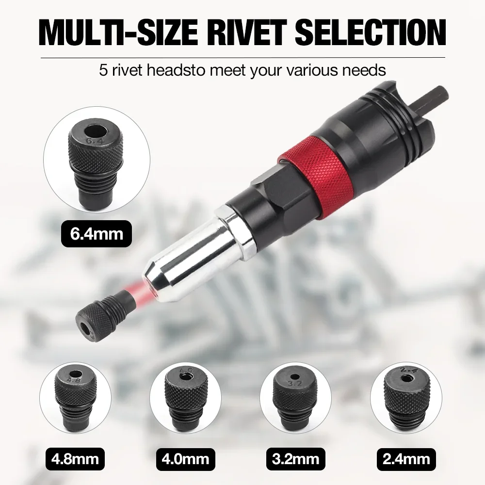 Electric Rivet Nut Tool Adapter Insert Nut Riveting Tool 2.4MM/3.2MM/4.0MM/4.8MM/6.4MM Home Cordless Rivet Nut Gun Converter