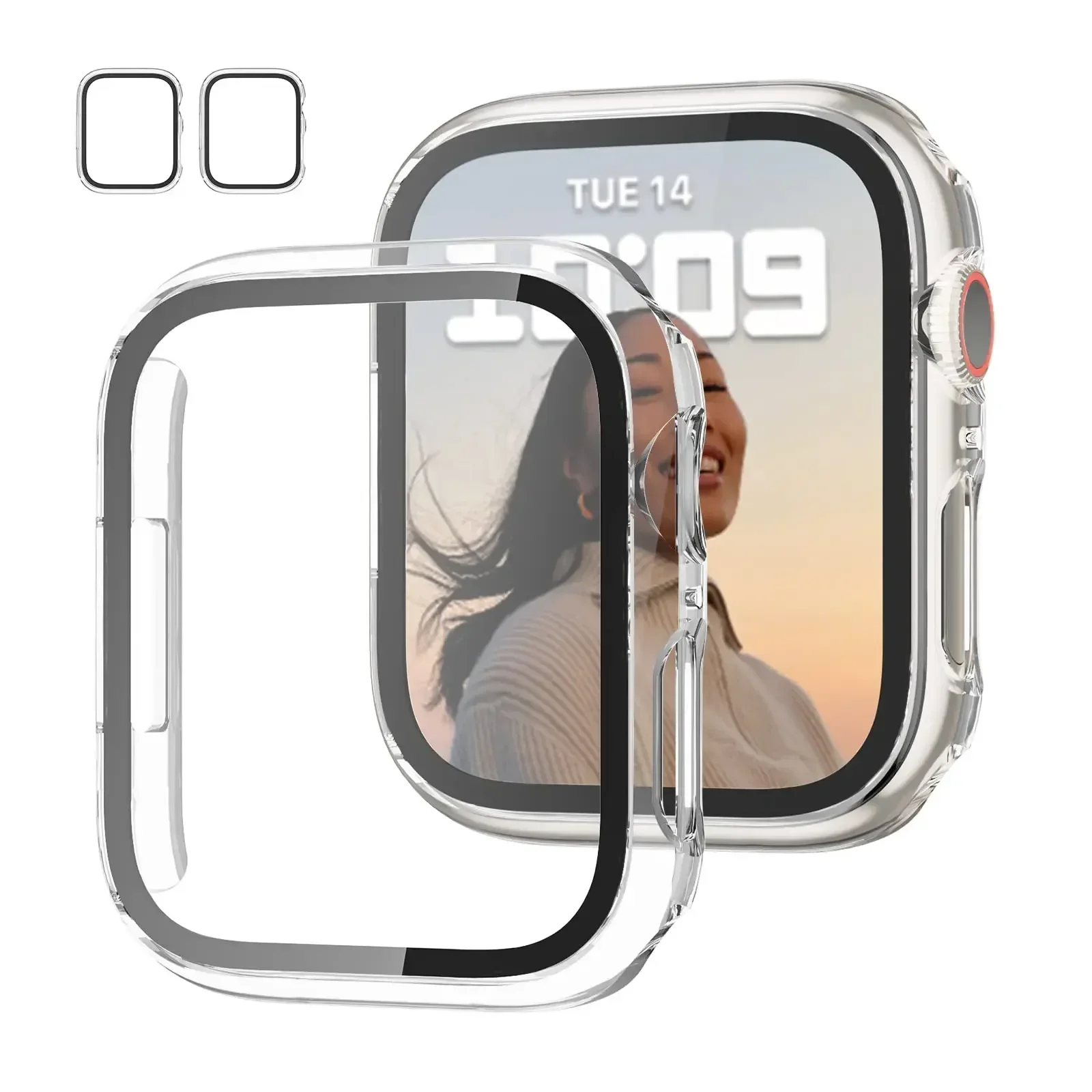 2er-Pack Gehärtetes Glas+Hülle für Apple Watch Gehäuse 44mm 40mm 42mm 41mm 45mm PC-Stoßfänger Displayschutz iWatch Serie 9 8 7 6 5 3 SE