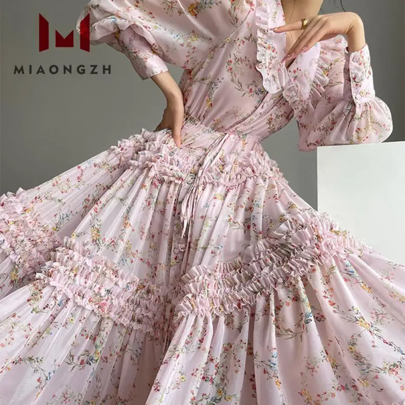 

High-End Luxury Fashion Flower Vintage Dress Autumn Women Long Sleeve Party Evening Dresses Loose Lace-up Printi Maxi New Robes