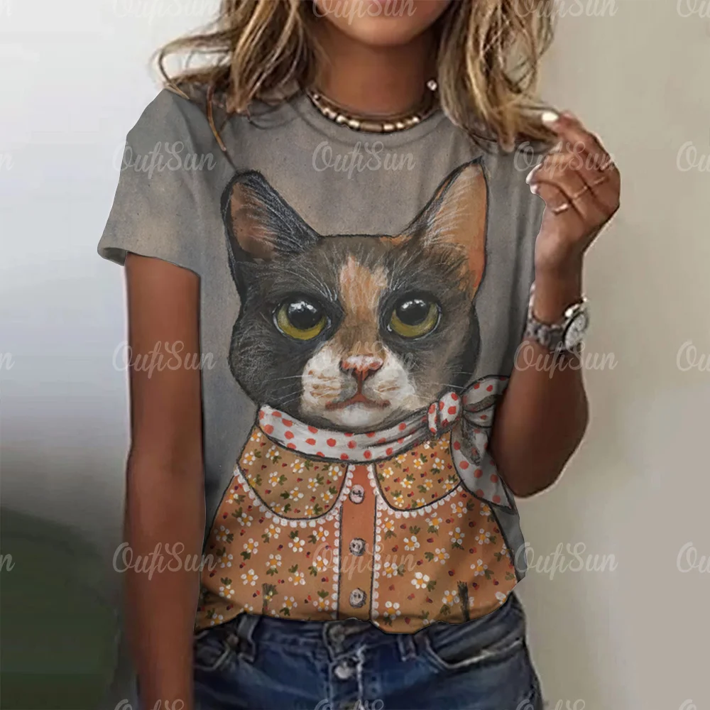 女性のための面白い猫のパターンのTシャツ,3D動物のプリントブラウス,ラウンドネックの特大トップス,半袖,カジュアルな夏のファッション