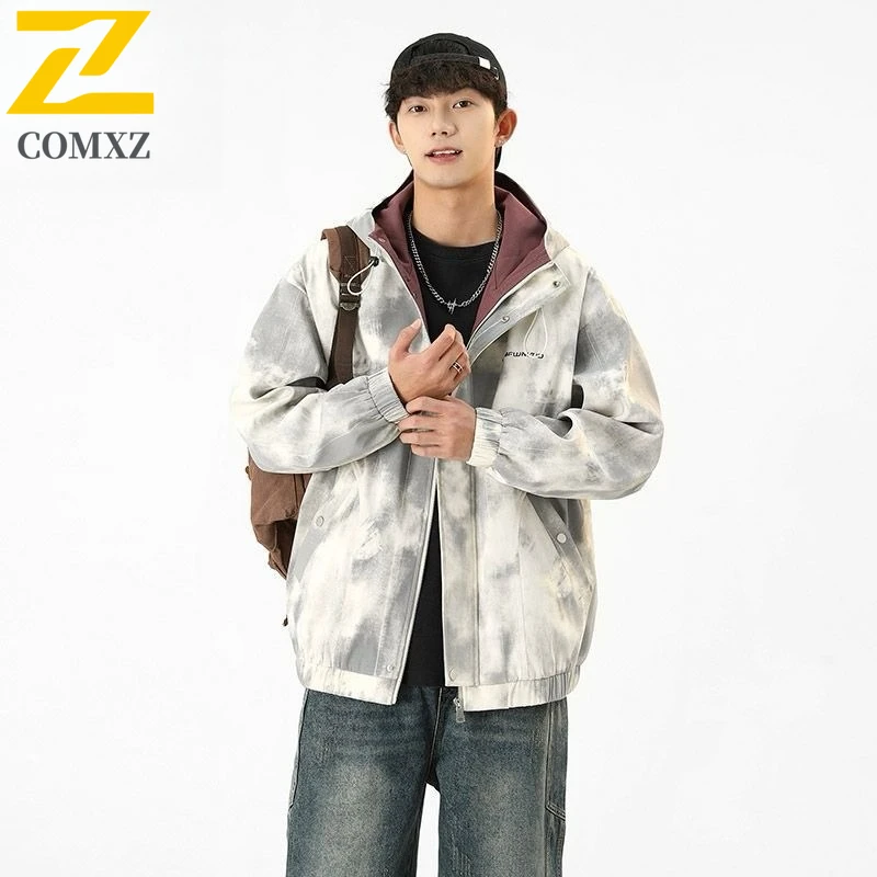 

COMXZ Men Jacket Casual Hooded Outdoor Camping Windproof Motorcycle Coat Tie Dye Design Travel Wear Resistant Autumn Coats