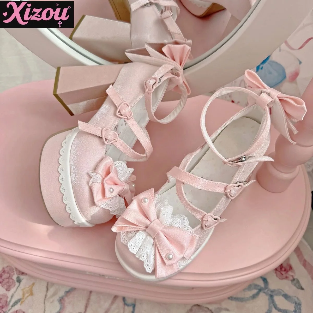 Original Lolita Sweet Cute Bow High Heels Lace Cross Strap Cute Girl Thick Heel Waterproof Table Mary Jane Single Shoes