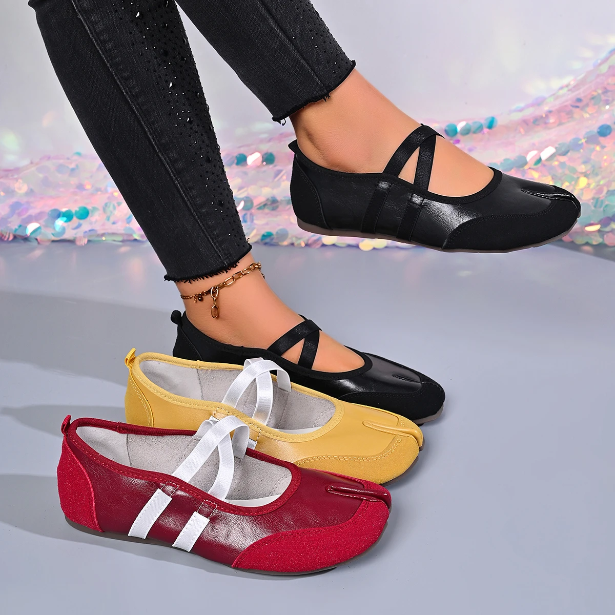 Schwarze, silberne, rote Ballettschuhe, Damen-Split-Toe-Ballerina-Tabi-Sneaker, Mary-Jane-Schuhe, Sommerschuhe – Detail 1