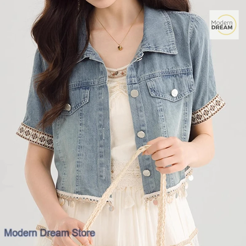 French fashion chic loose denim short coat women spring and summer embroidery ethnic lace fringed cardigan short sleeve blouse