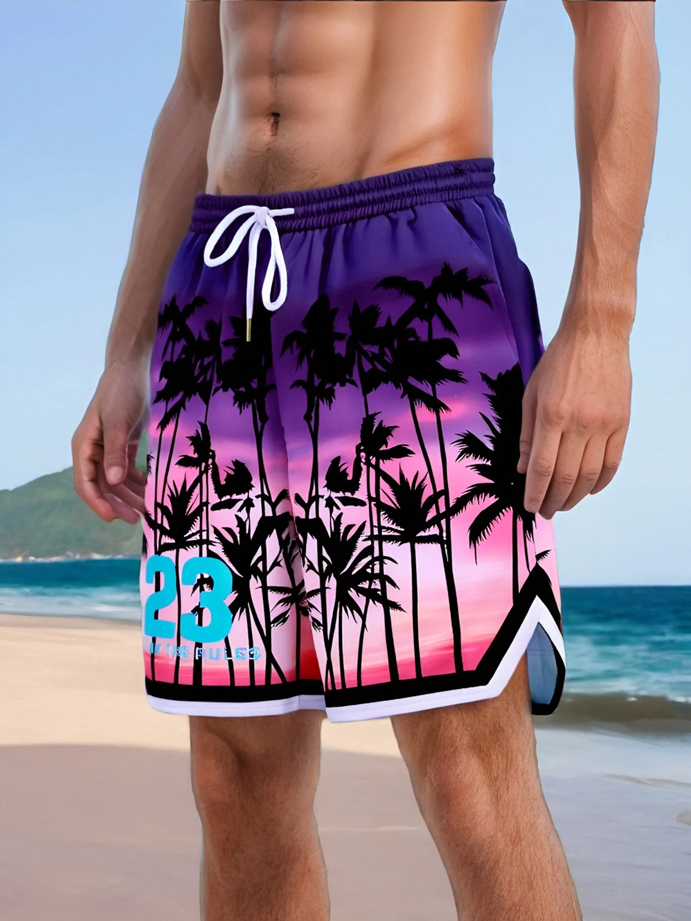 

Мужские летние свободные пляжные шорты с градиентным принтом "Пальмы на закате" и завязками, 5 дюймов
