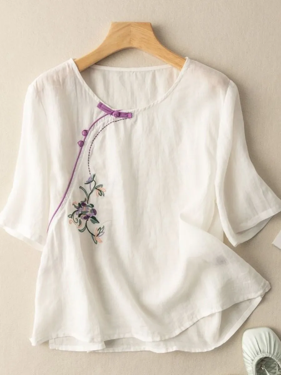 Artistic Short Sleeve Embroidered Loose Cotton Linen Shirt Top Buttoned Front for Women Autumn Wear Daily Universal Fit