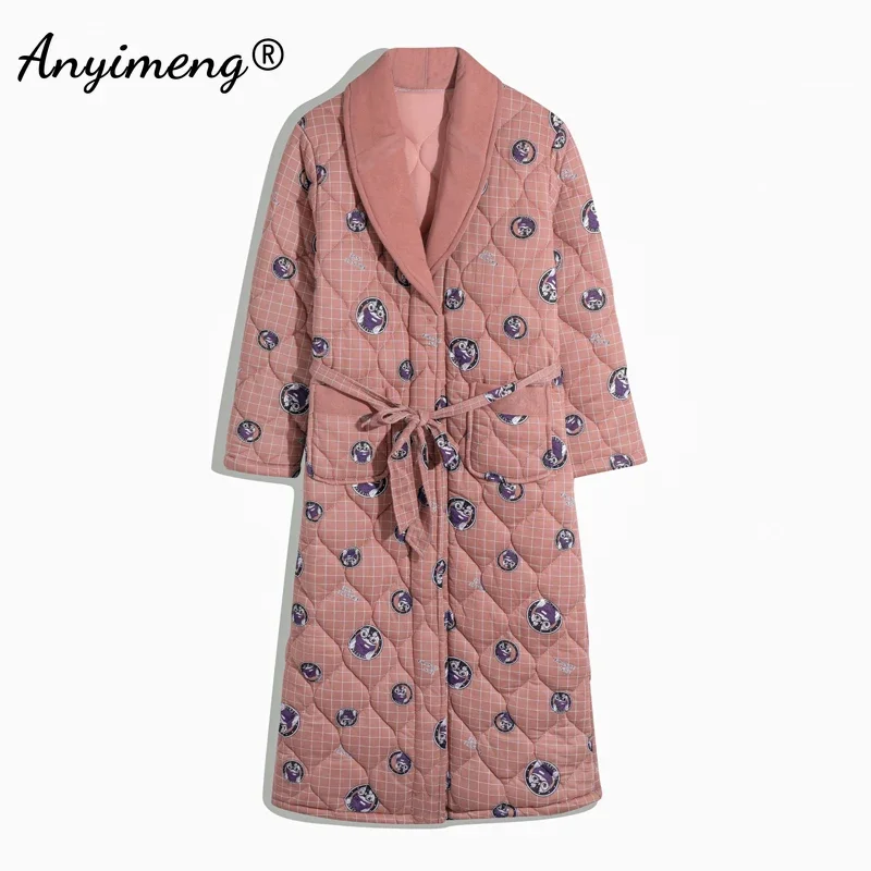 Thick Winter Home Coat Air 3 Layer Padded Knitted Cotton Bathrobe Warm Kimono Floral Printing Big Size Women\'s Bathrobe Robe New