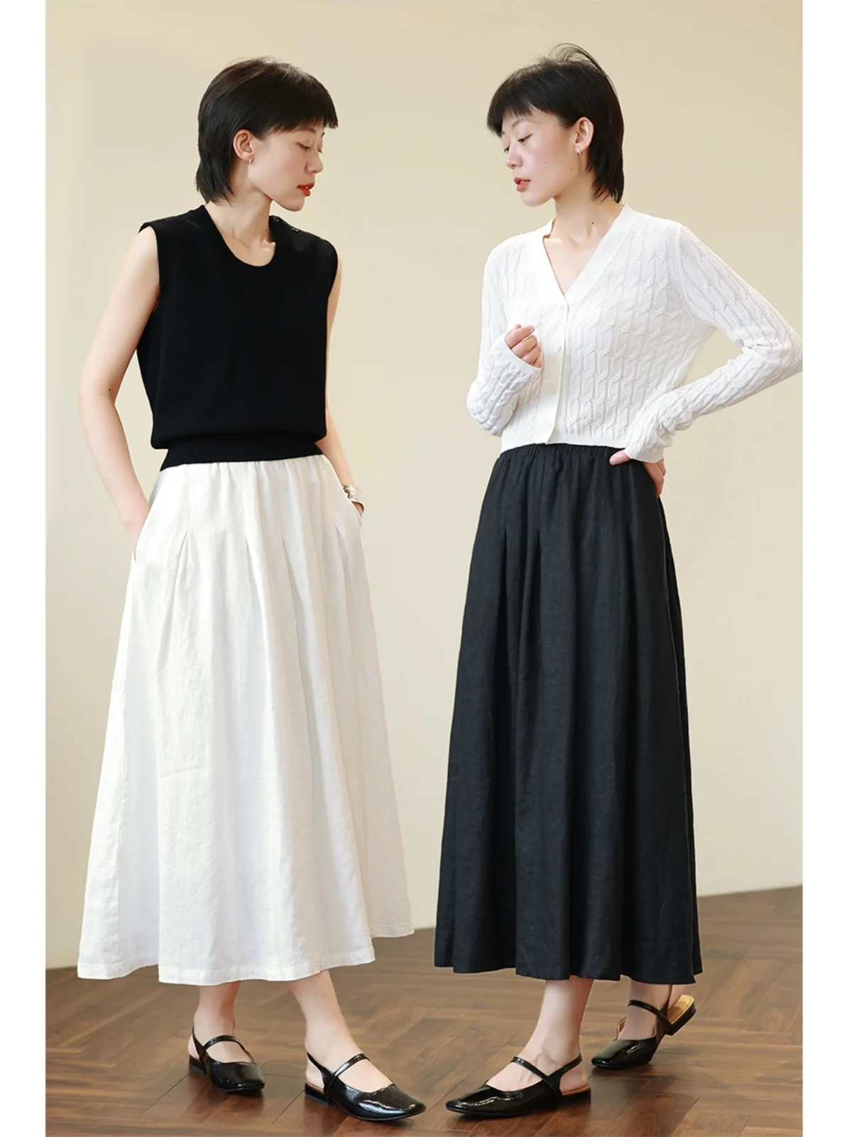 

Удобная летняя юбка-трапеция с высокой талией из дышащего окрашенного льняного полотна, эластичная, с большим воланом, новинка