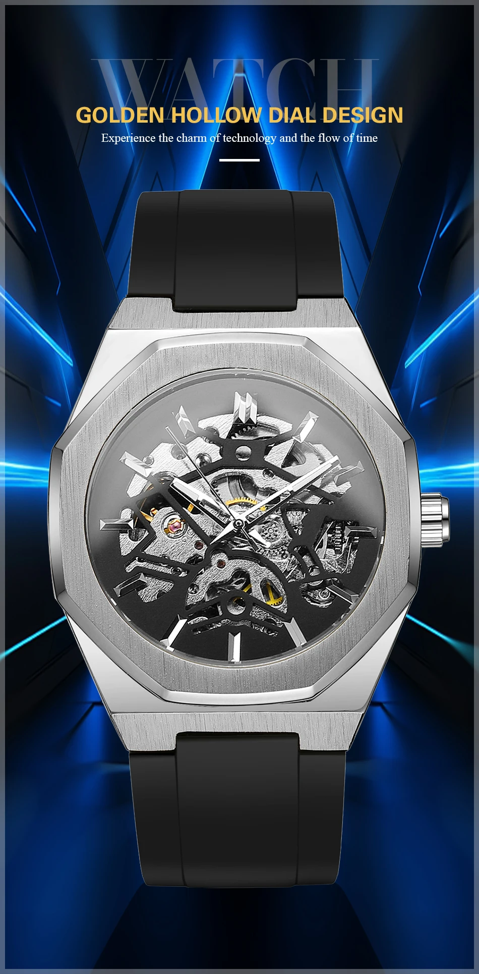 FORSINING Sport Men's Watches Polygon Case Skeleton Automatic Mechanical Watches Luminous Waterproof Silicone Strap Trendy Clock