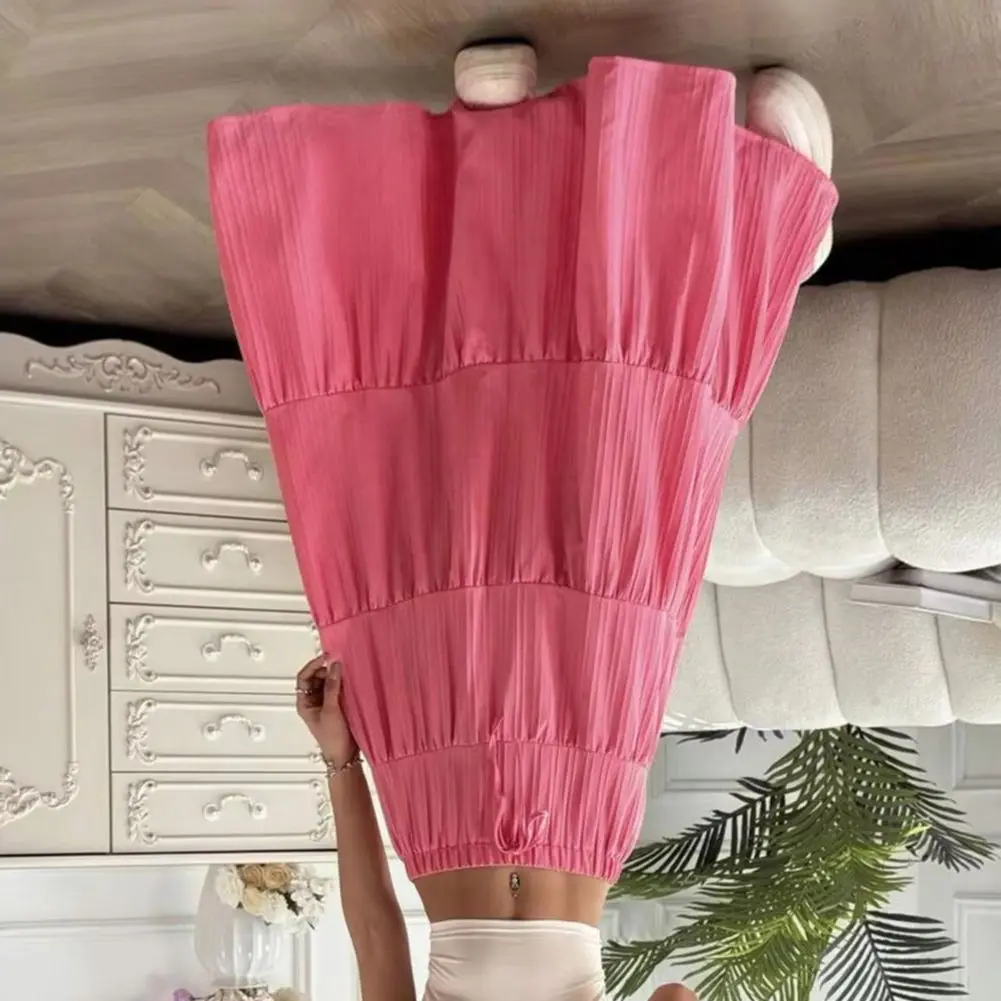 Women Pleated Skirt Summer Middle Waist A Line Flowy Swing Skirt Breathable Solid Color Drawstring Pleated Casual Skirt