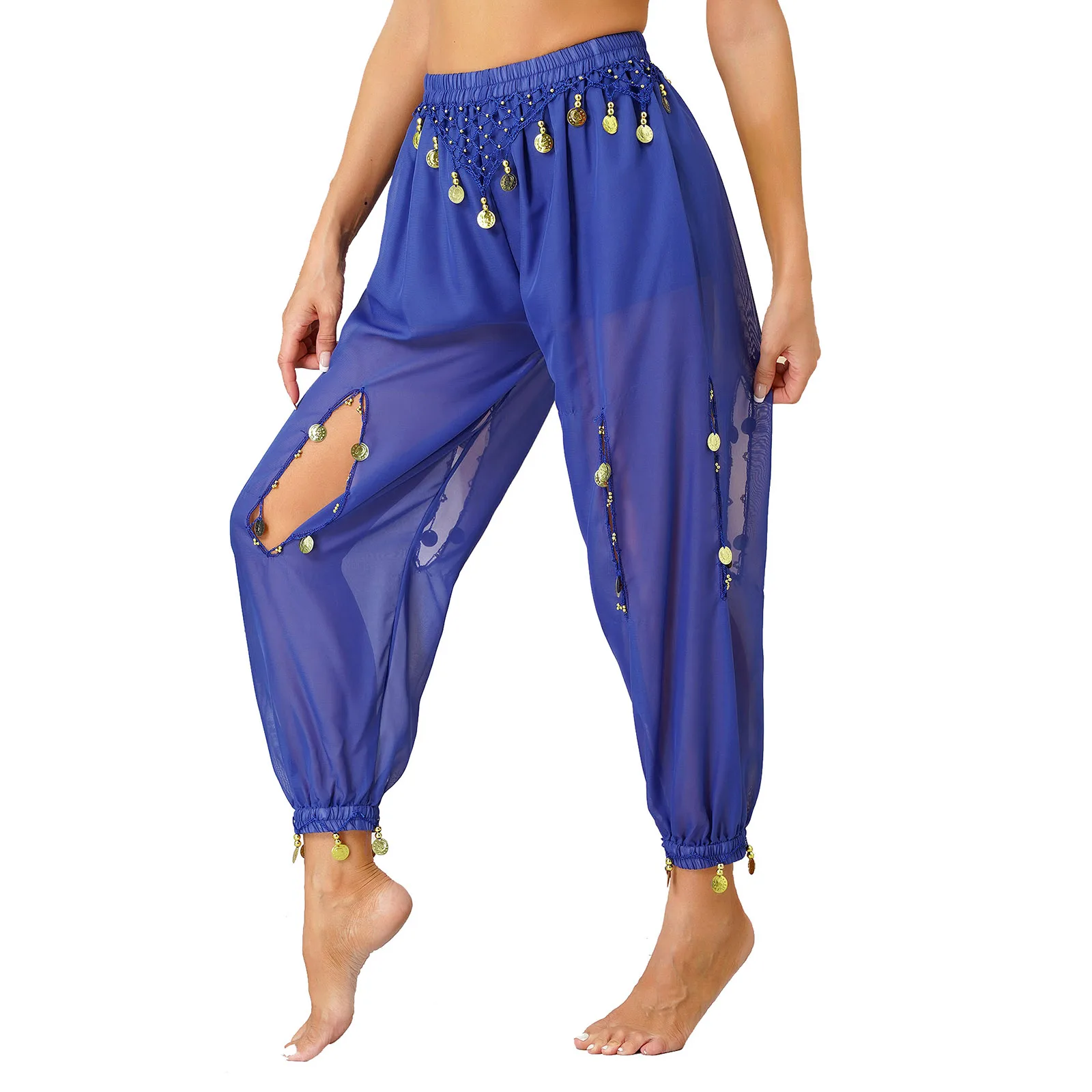 

Womens Belly Dance Pants Hollow Out Beads Coins Pendant See-Though Chiffon Bloomers Stage Performance Trousers