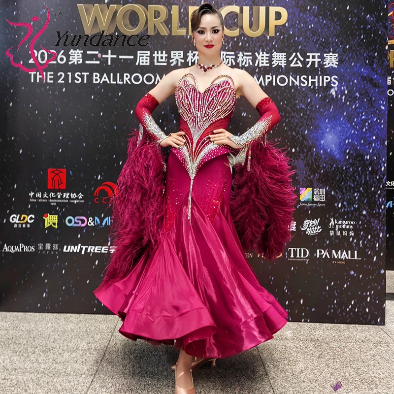 B-26101 Yundance Custom Chrisanne Fabric Ballroom Dress Luxury Feather Burgundy Satin Chiffon Waltz Competition