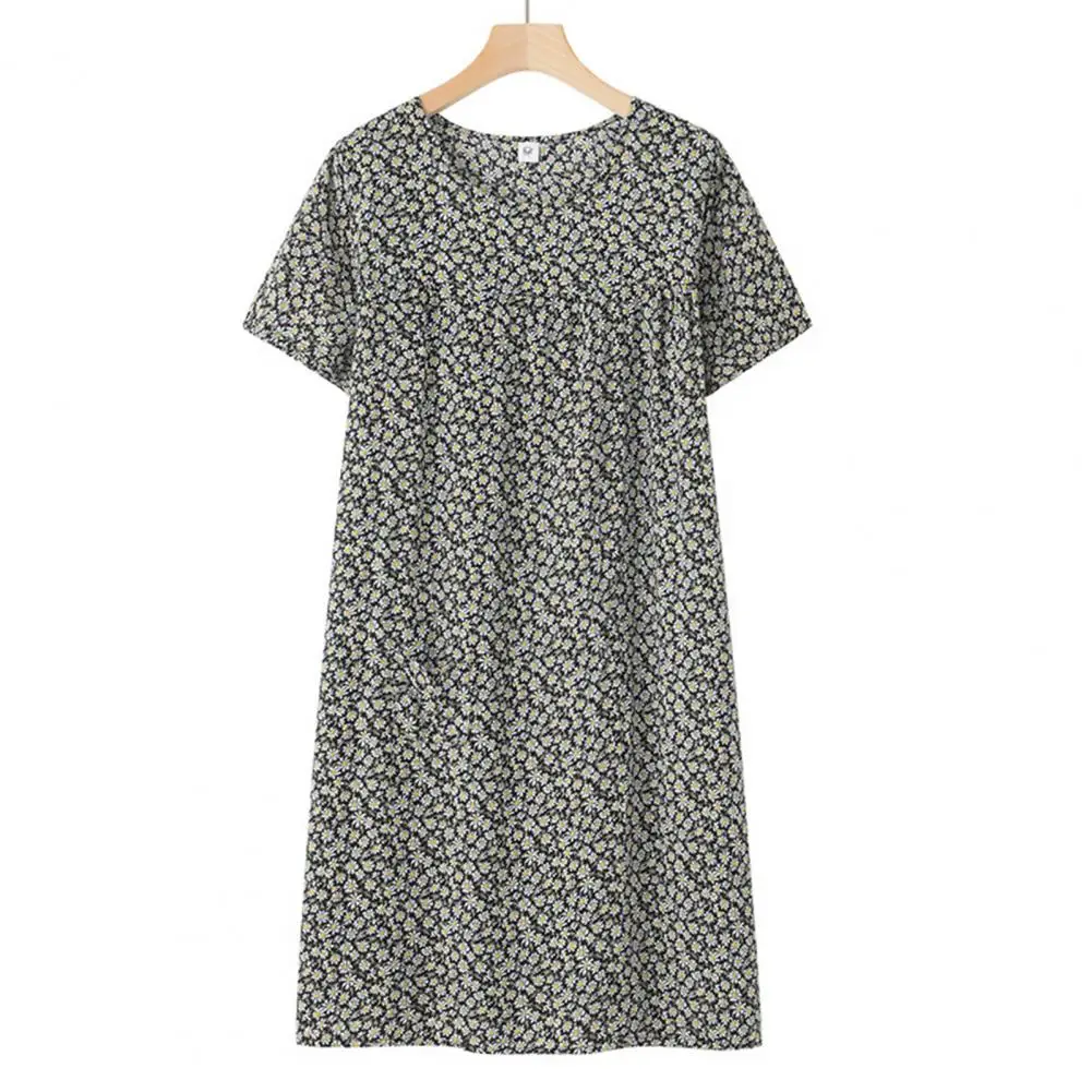 Women Nightgown Elegant Floral Print Nightgown for Women Stylish Mid-aged Female Sleepwear with Short Sleeves Pleated for Summer