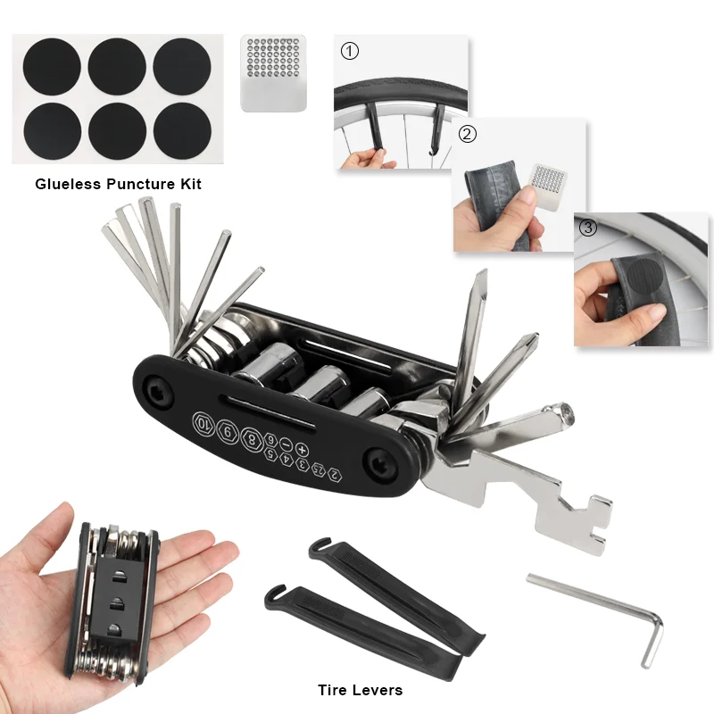 Bicycle Tool Set 16 in 1 Mountain Bike Tire Repair Kit Puncture Patches Hex Spoke Wrench Screwdriver Cycle Multifunction Tools