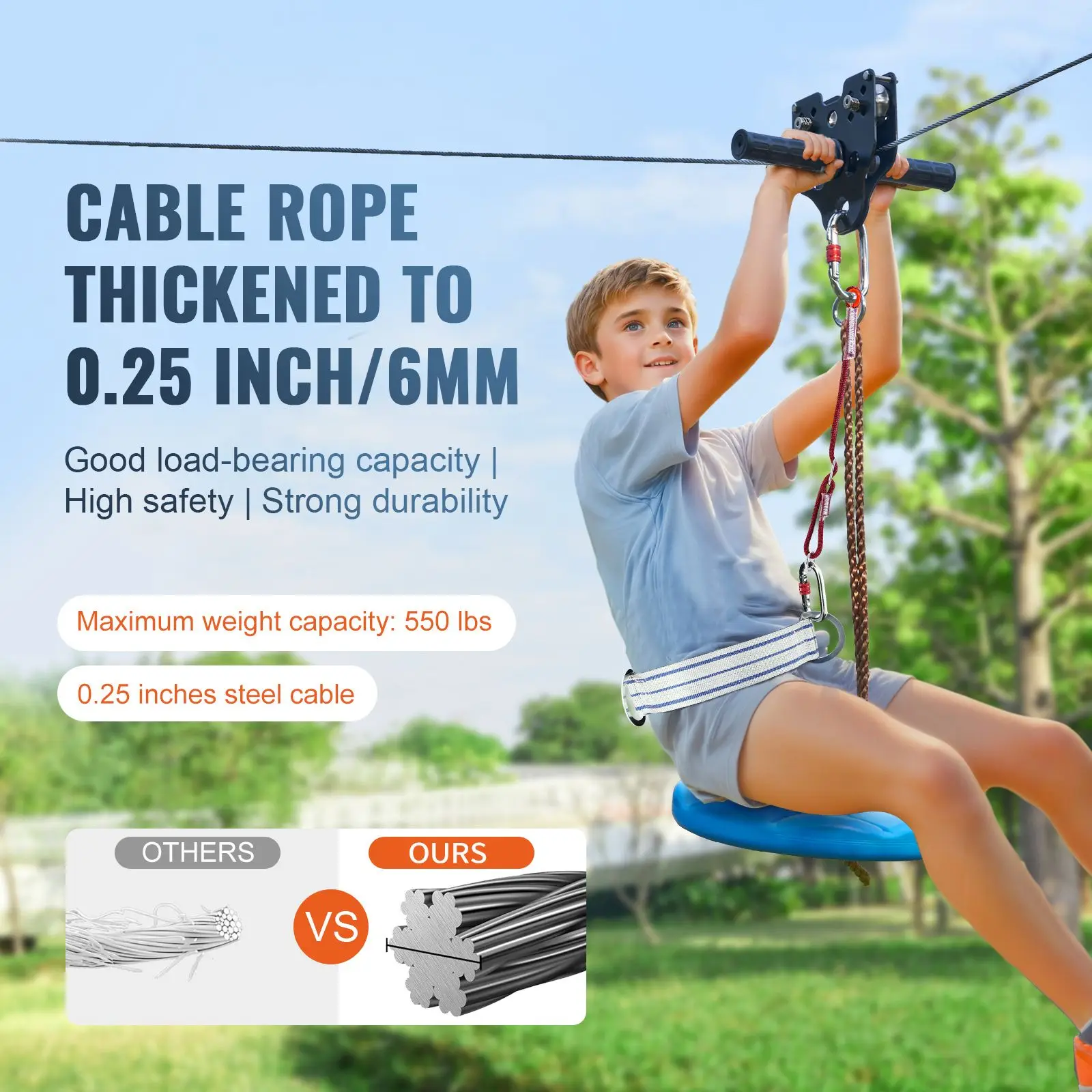 Zipline Kit for Kids and Adult, 120 ft Zip Line Kits Up to 500 lb, Backyard Outdoor Quick Setup Zipline, Playground Entertainment with Stainless Steel Zipline, Spring Brake, Safety Harness, Seat